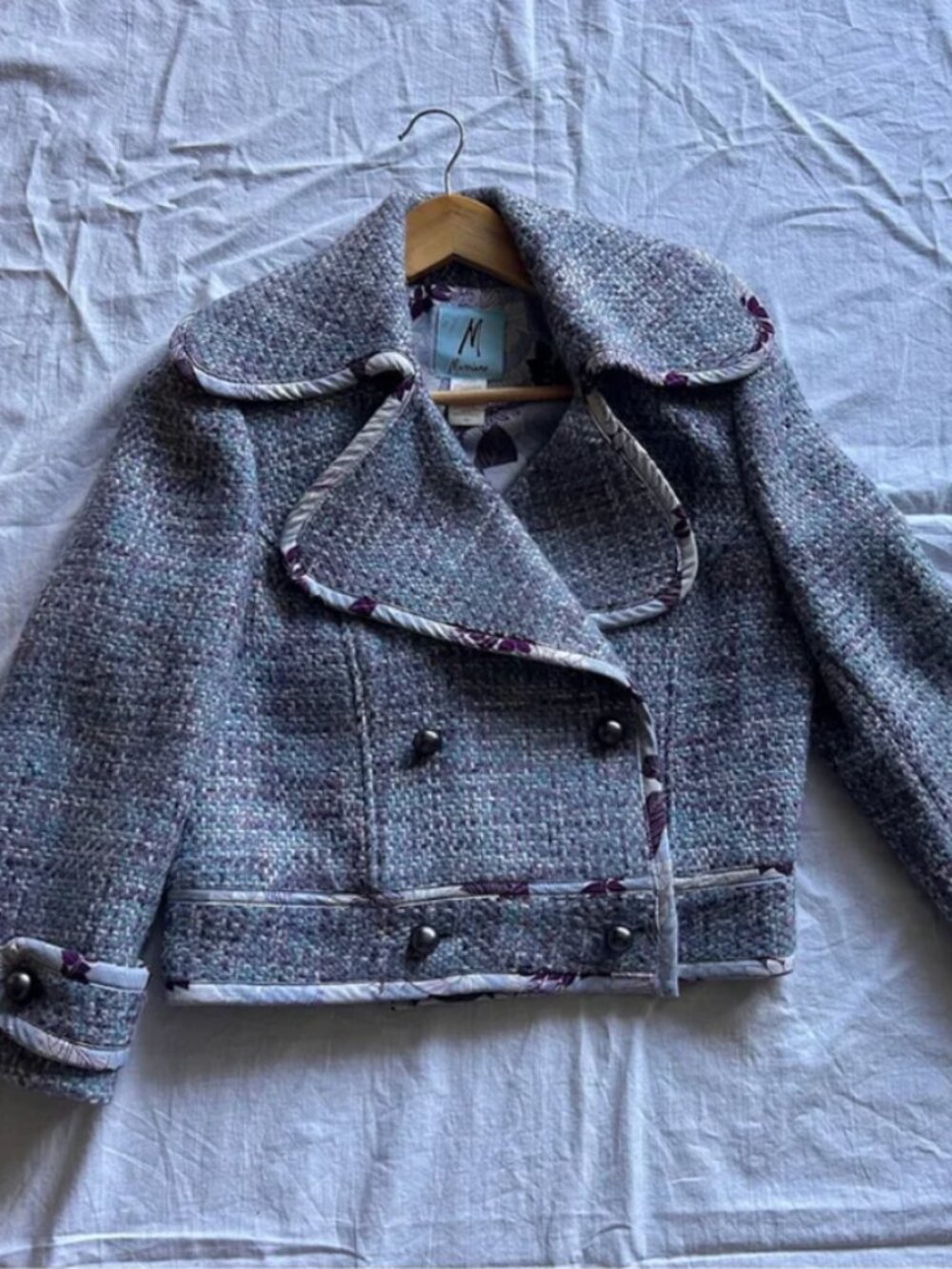 Marciano Blue Tweed Double-Breasted Cropped Jacket – Size M